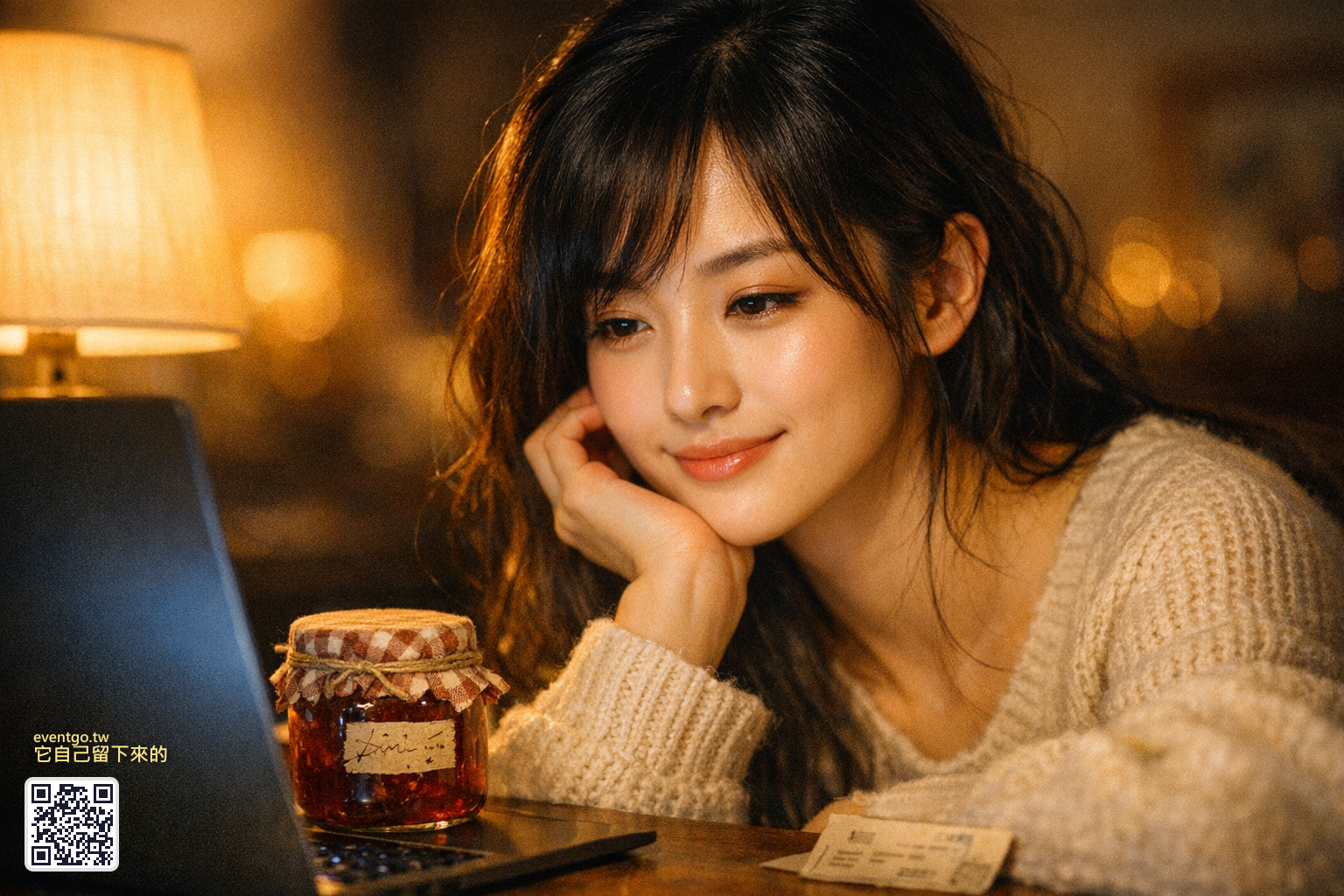 書桌上筆電旁邊放著一罐手寫標籤的果醬，暖燈