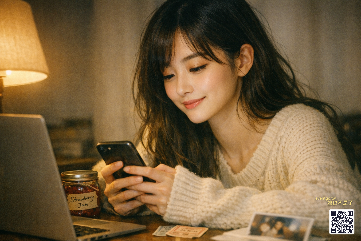 桌上筆電旁邊有果醬、票根、和一張照片