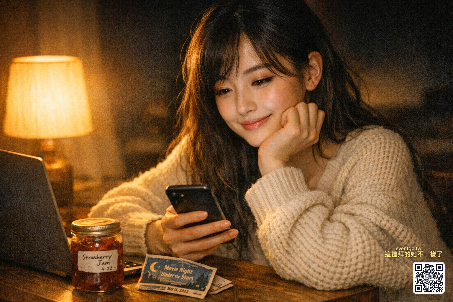 回到家，托腮看手機笑，桌上有果醬罐和放映票根