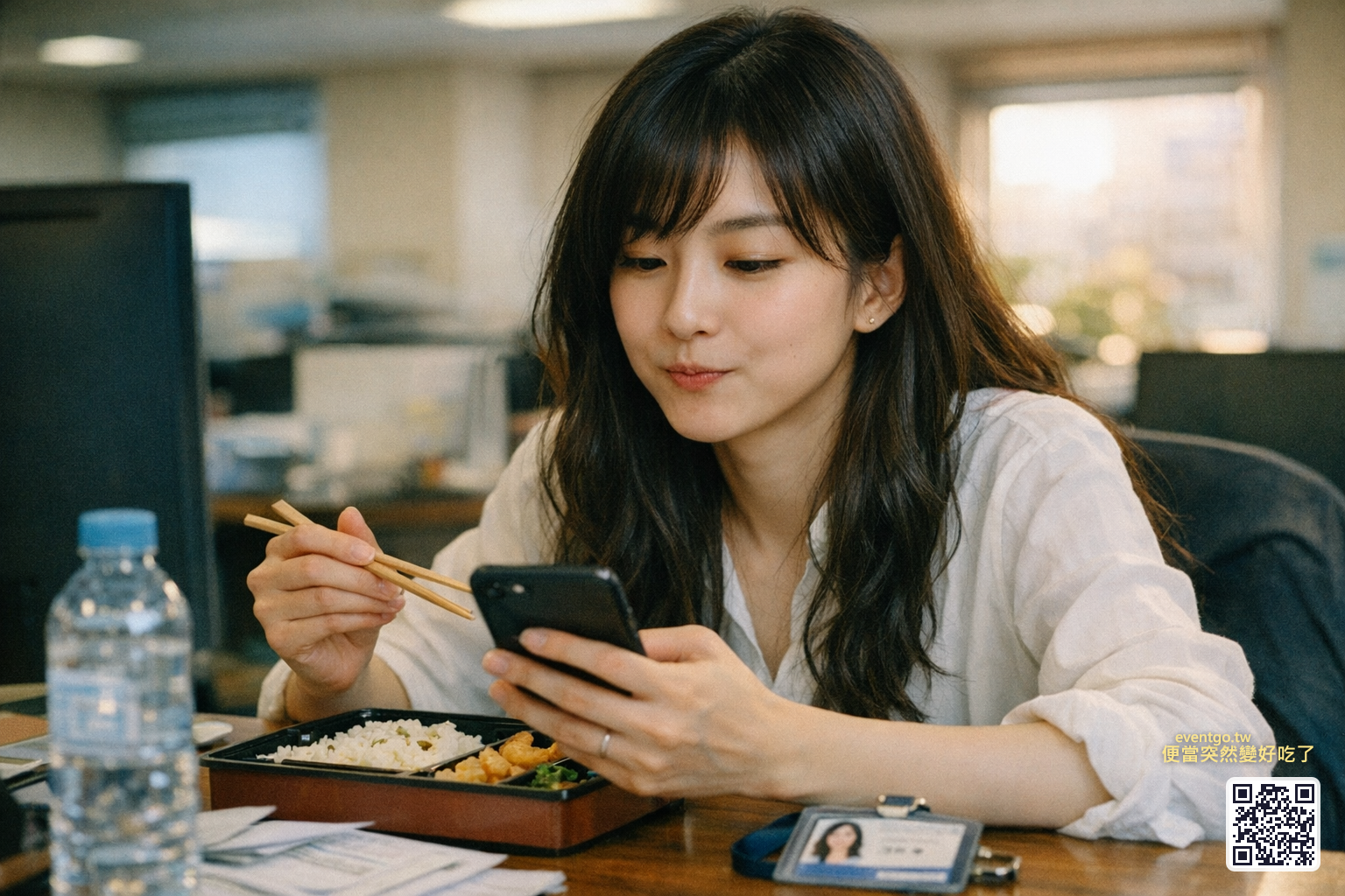 午休時間滑手機，便當吃一半，螢幕亮著活動頁面