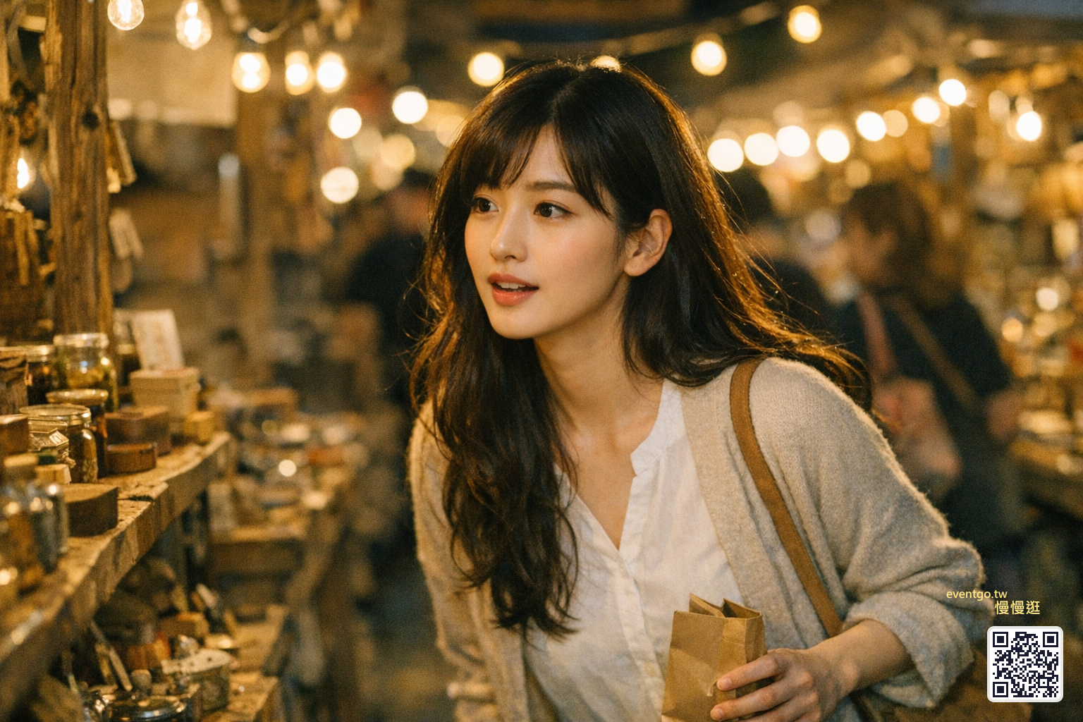 市集攤位暖光，她在攤前和老闆娘聊天，手裡拿著果醬罐