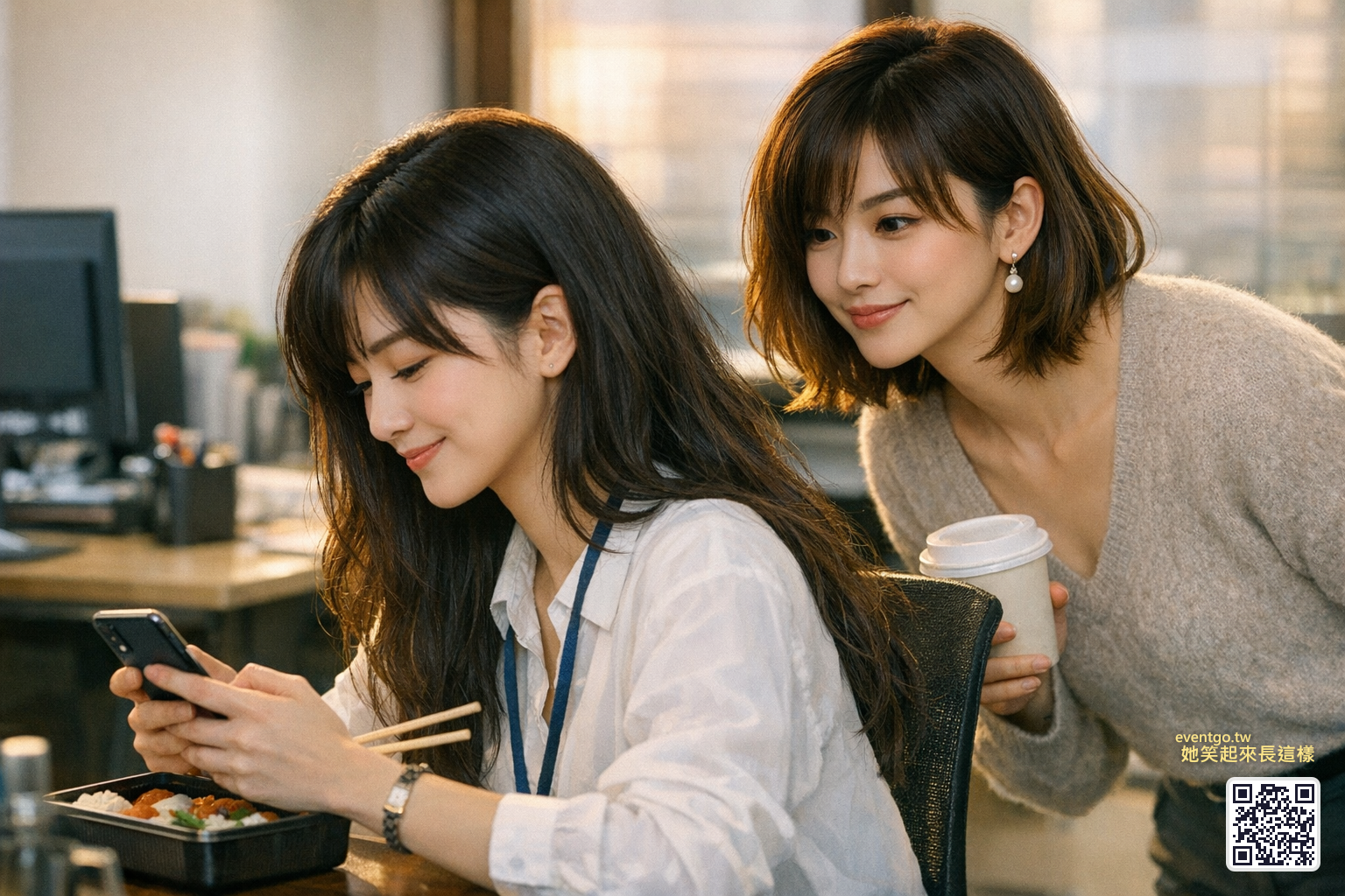 同事端著咖啡走過來偷看手機