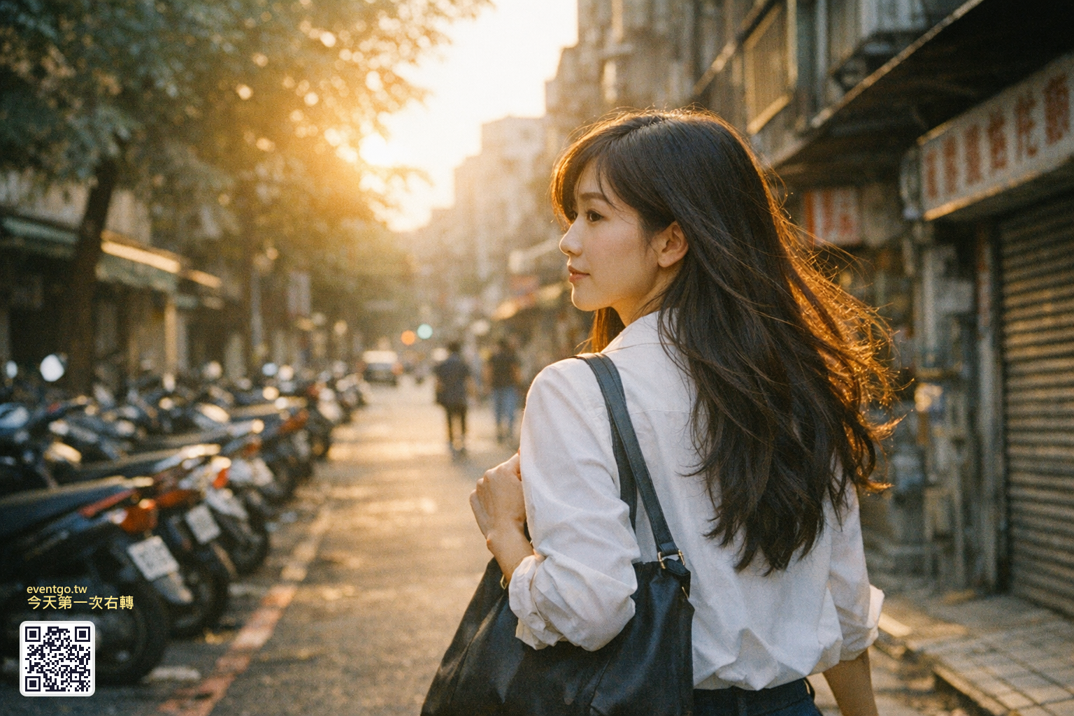 傍晚街道，她往右轉走向遠處的市集燈光