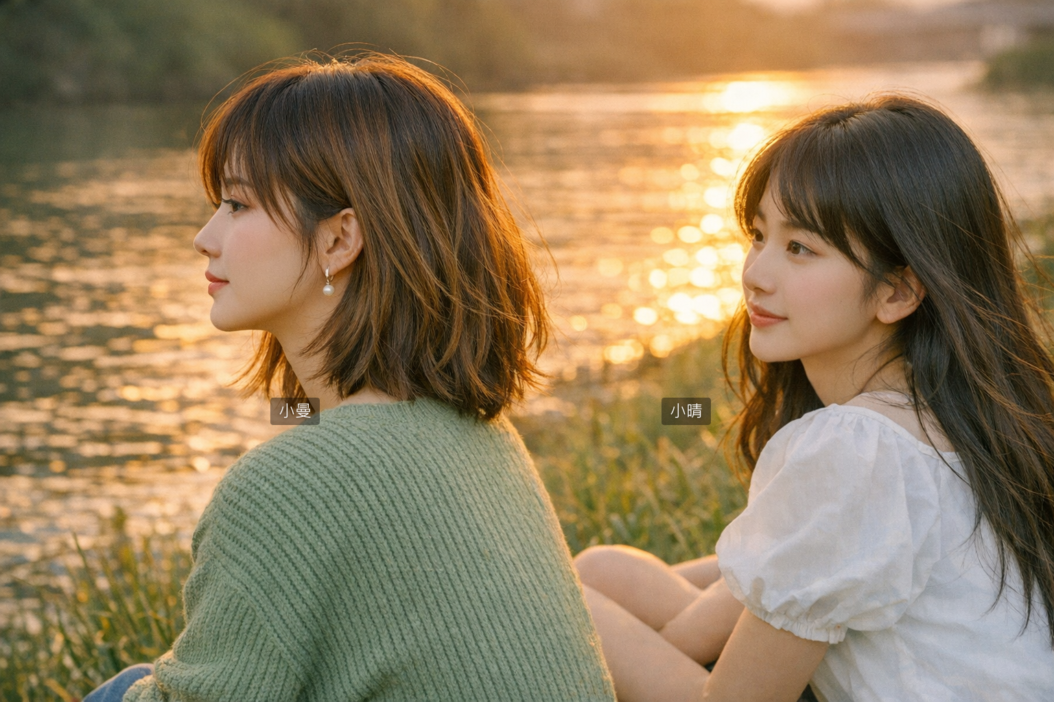 兩人河邊坐著，看著水面