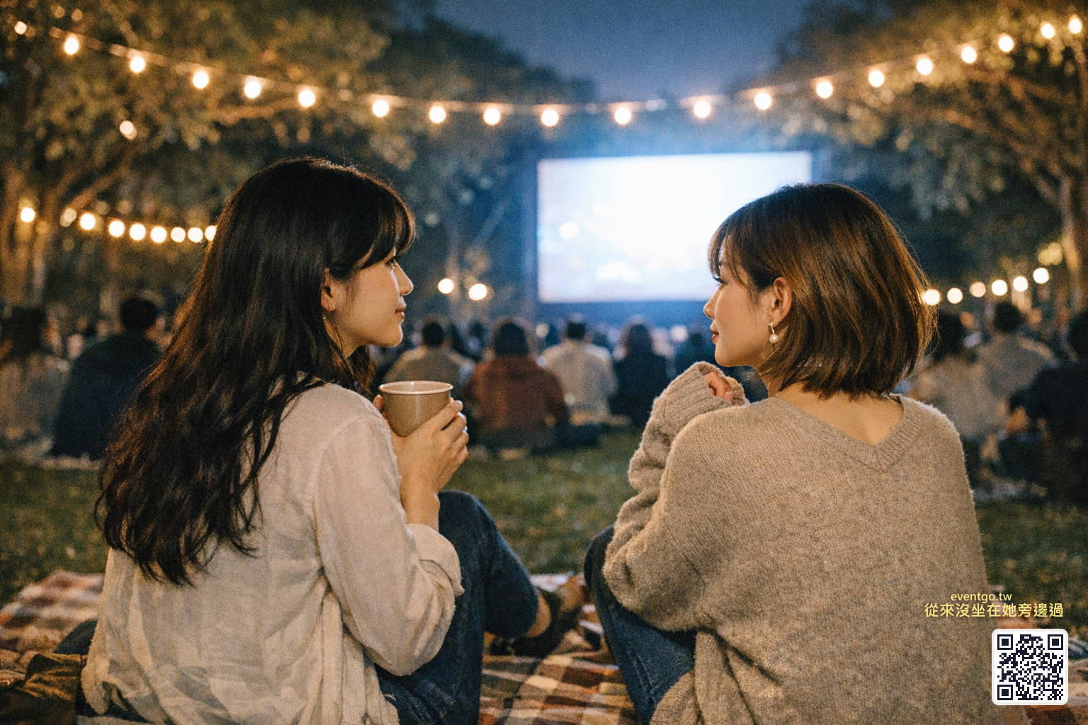 野餐墊上坐下，面對戶外大螢幕，串燈閃爍