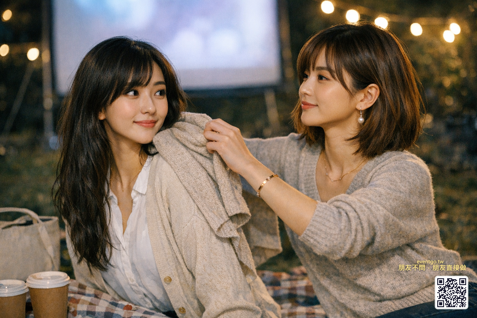 她把外套披到朋友肩上，螢幕光映在臉上