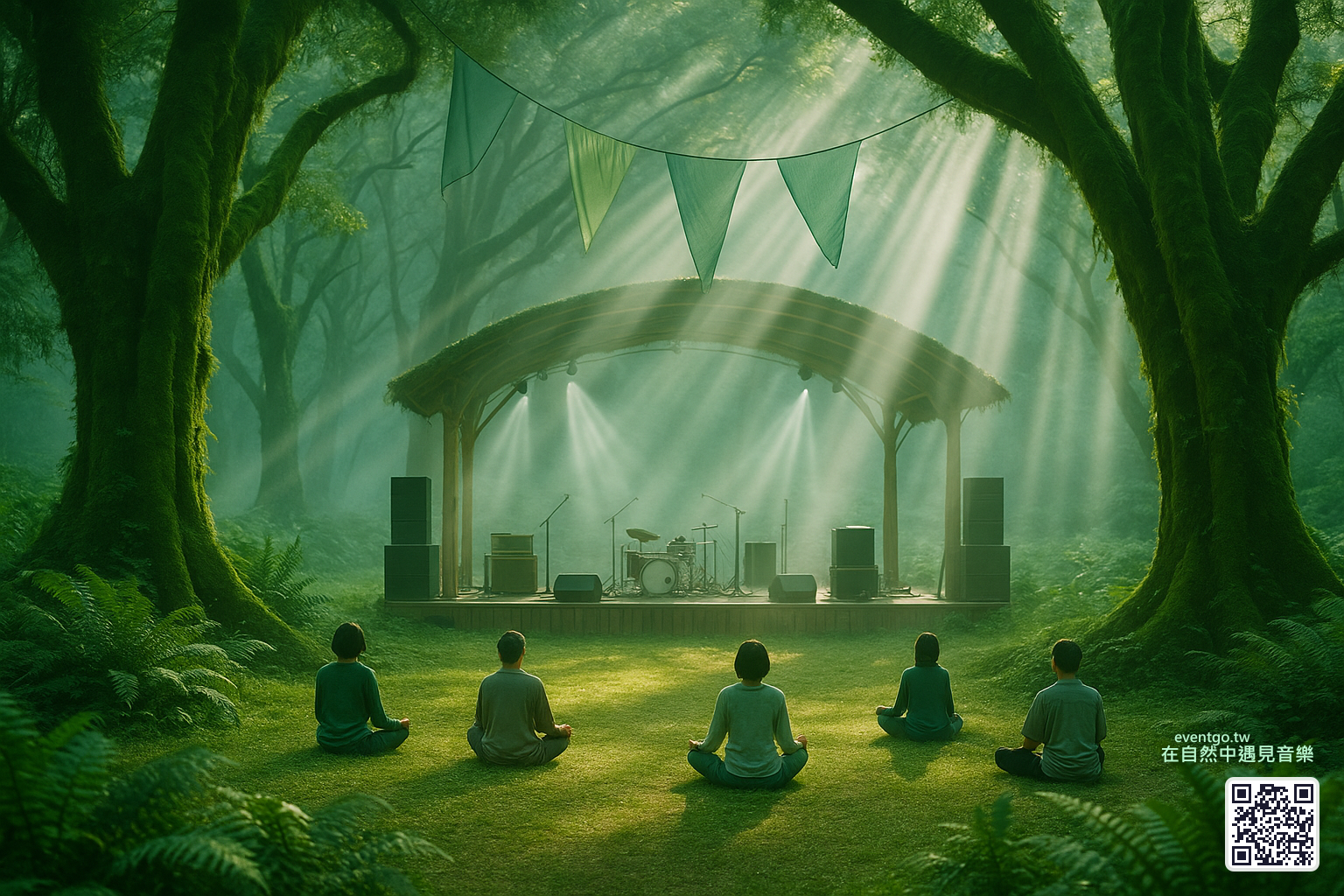 森林中的小型音樂祭，樹木間掛著燈串