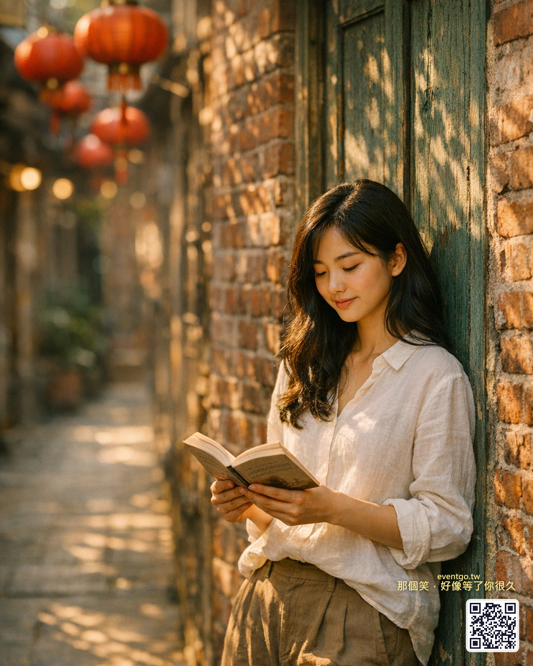 台南神農街巷弄，女生靠在老木門旁翻書