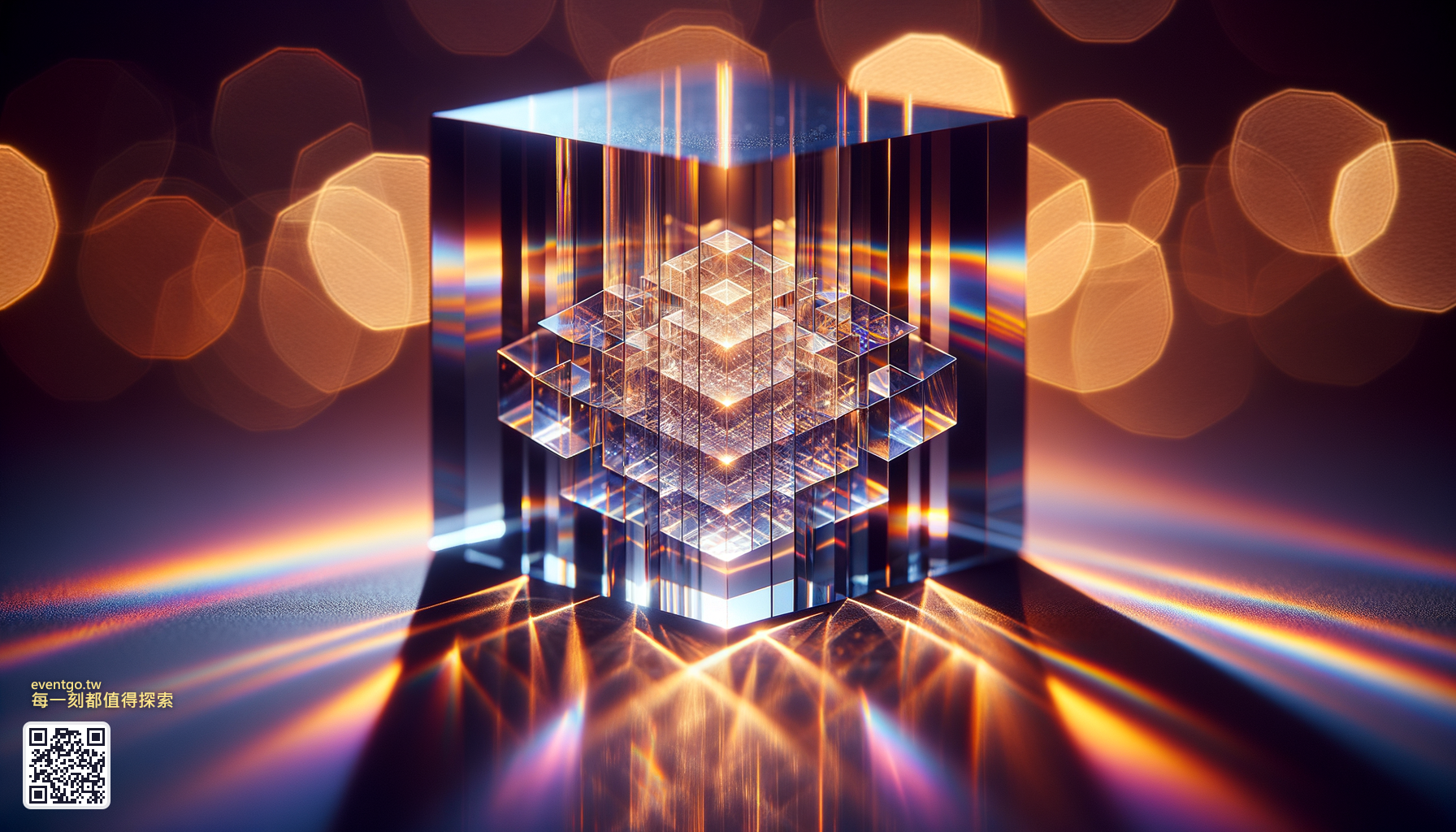 A crystalline glass cube refracting light, representing the intelligent search behind EventGo