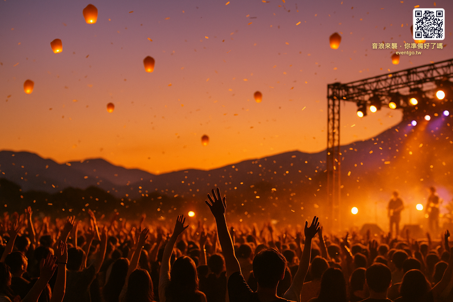 A crowd at a music festival with hands raised and sky lanterns floating against a mountain backdrop